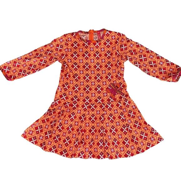 Hanna Andersson Long Sleeve Orange Pattern Pleated Dress Size 4 100 Cotton - Picture 1 of 10